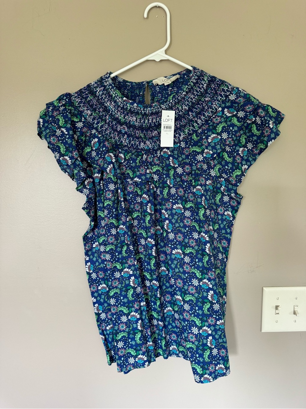 LOFT Navy Blue Floral Smocked Yoke Blouse